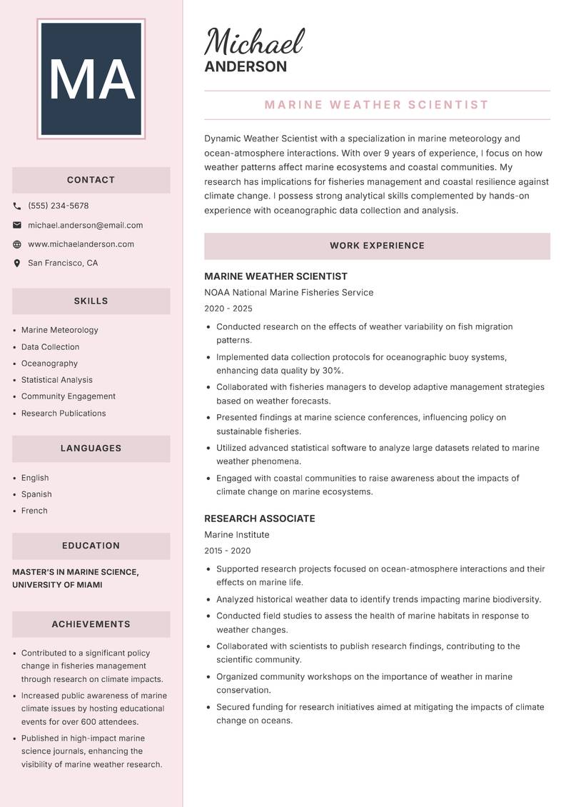 Weather Scientist resume sample — Marine Weather Scientist focus