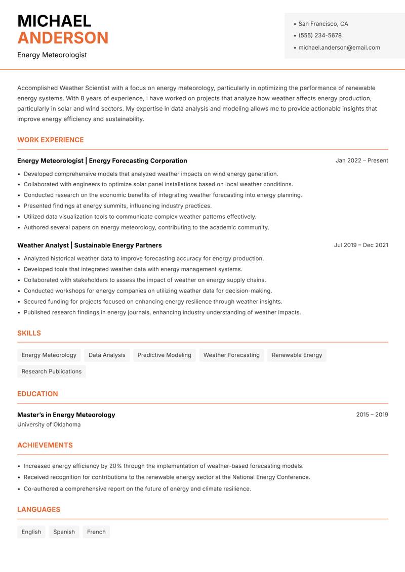 Weather Scientist resume sample — Energy Meteorologist focus