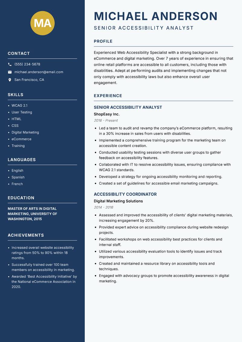 Web Accessibility Specialist resume sample — Senior Accessibility Analyst focus