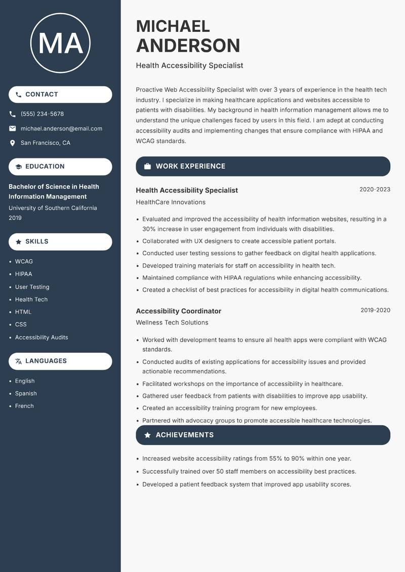Web Accessibility Specialist resume sample — Health Accessibility Specialist focus