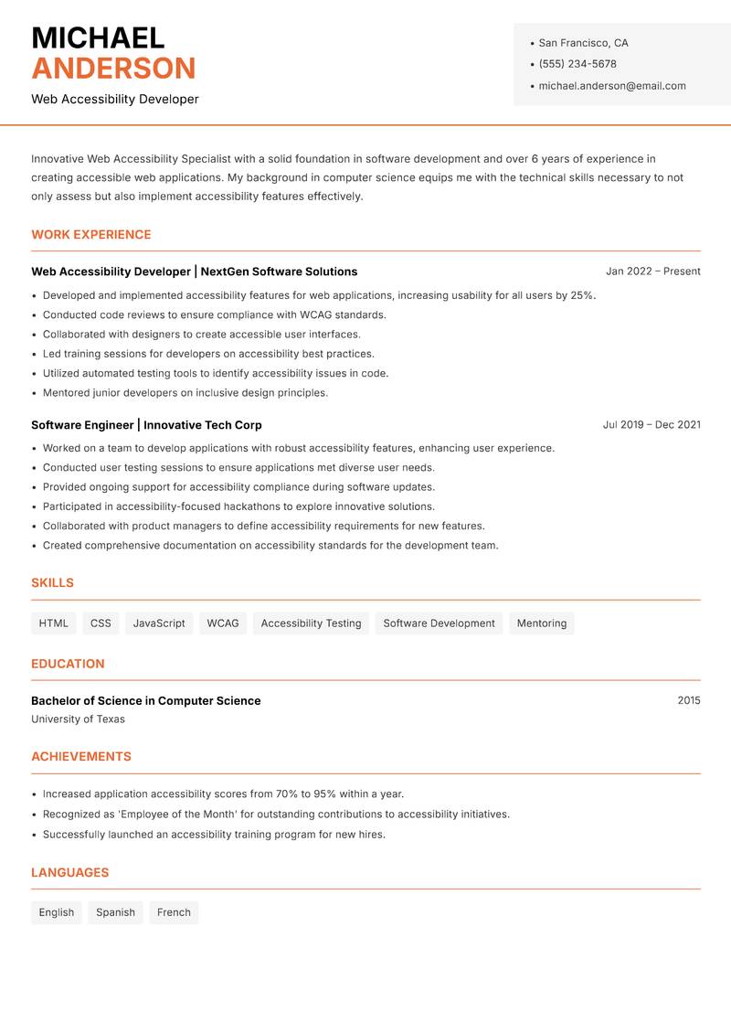 Web Accessibility Specialist resume sample — Web Accessibility Developer focus