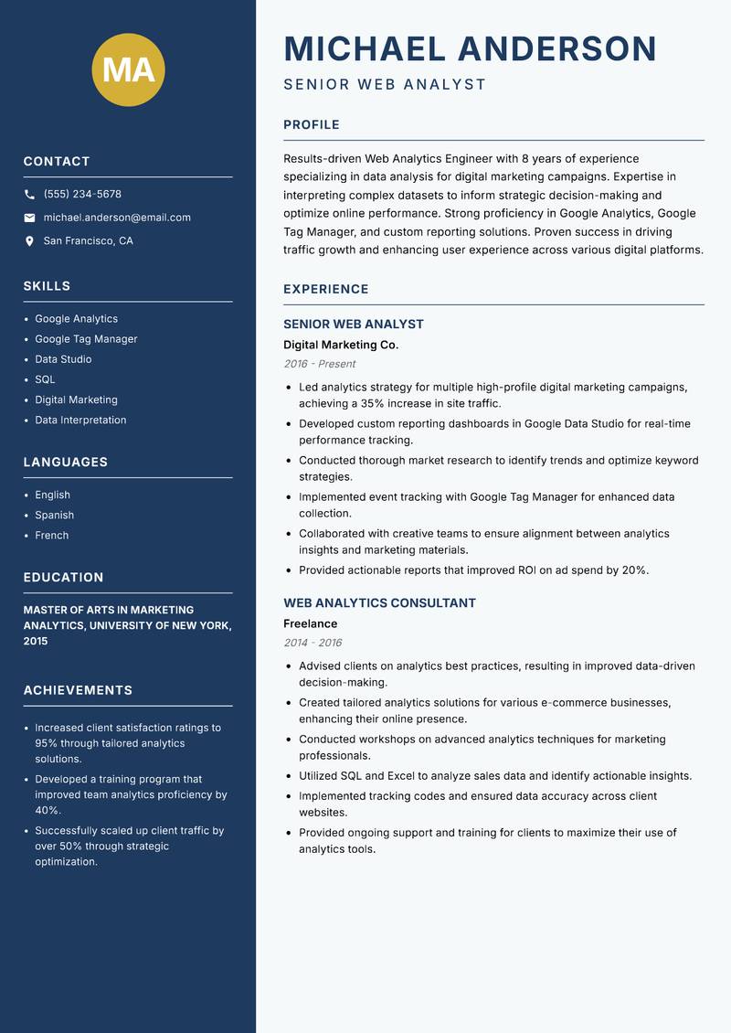 Web Analytics Engineer resume sample — Senior Web Analyst focus
