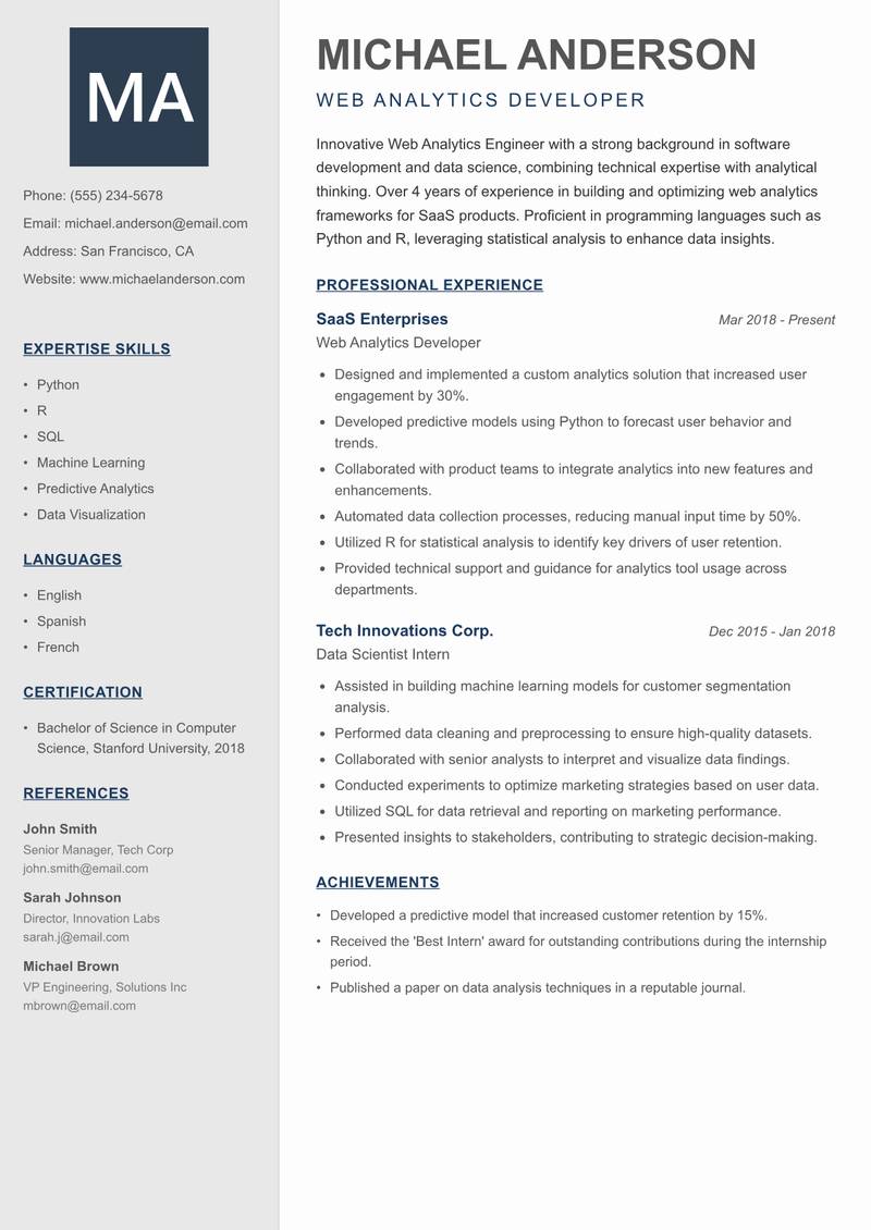 Web Analytics Engineer resume sample — Web Analytics Developer focus