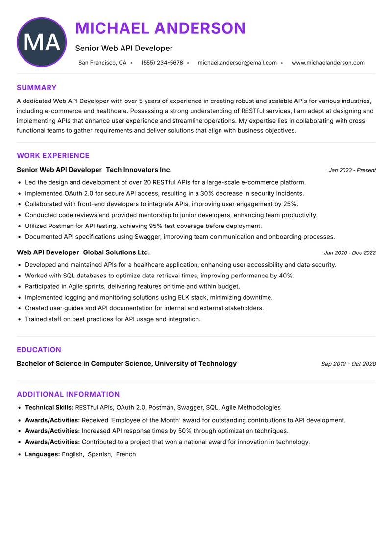 Web API Developer resume example