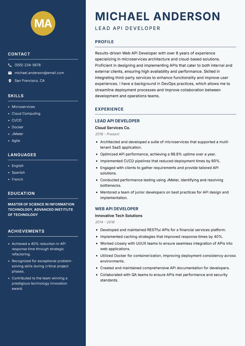 Web API Developer resume sample — Lead API Developer focus
