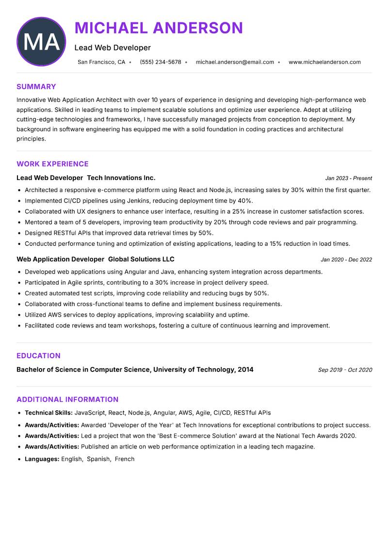 Web Application Architect resume example
