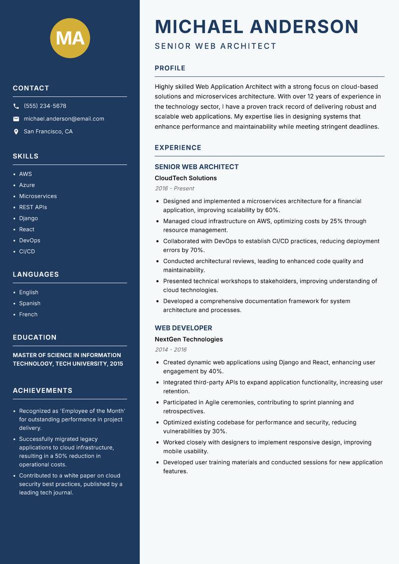 Web Application Architect resume sample — Senior Web Architect focus