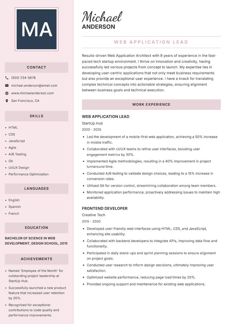 Web Application Architect resume sample — Web Application Lead focus