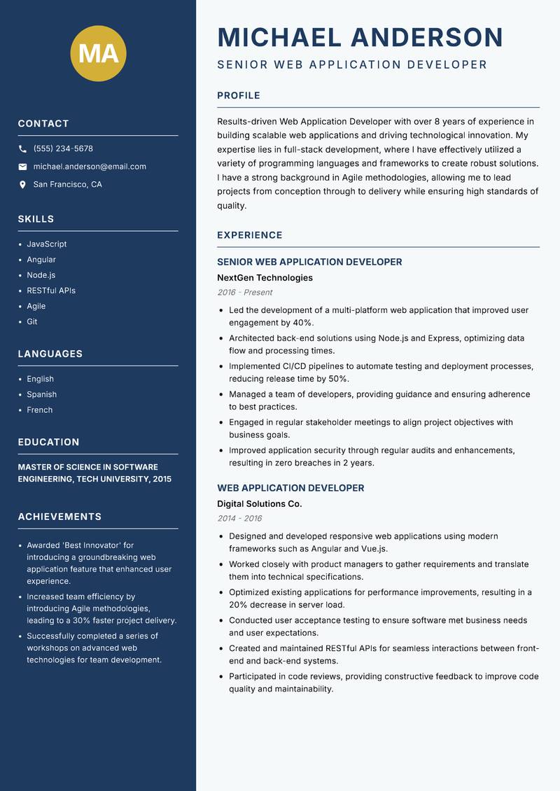 Web Application Developer resume sample — Senior Web Application Developer focus