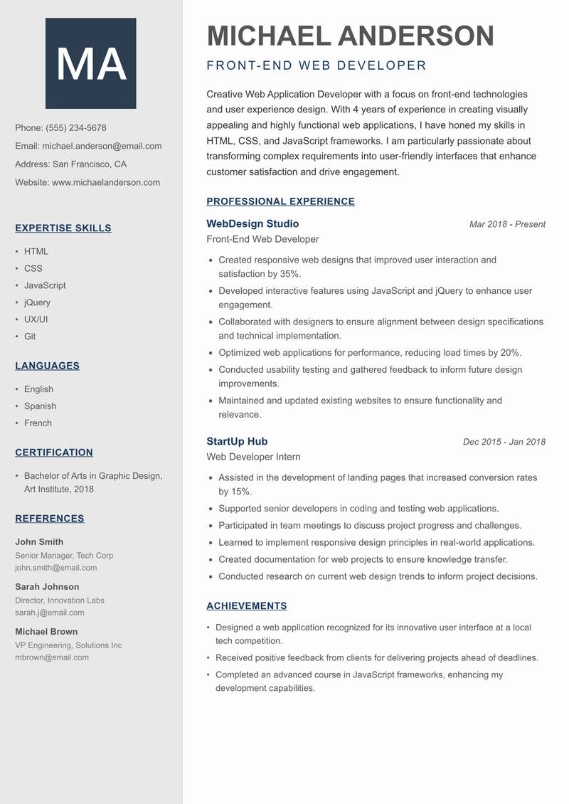 Web Application Developer resume sample — Front-End Web Developer focus