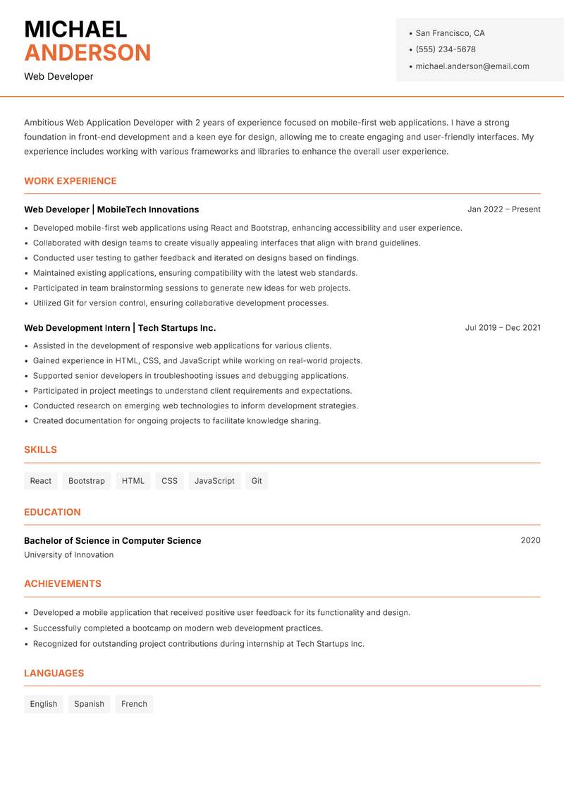 Web Application Developer resume sample — Web Developer focus