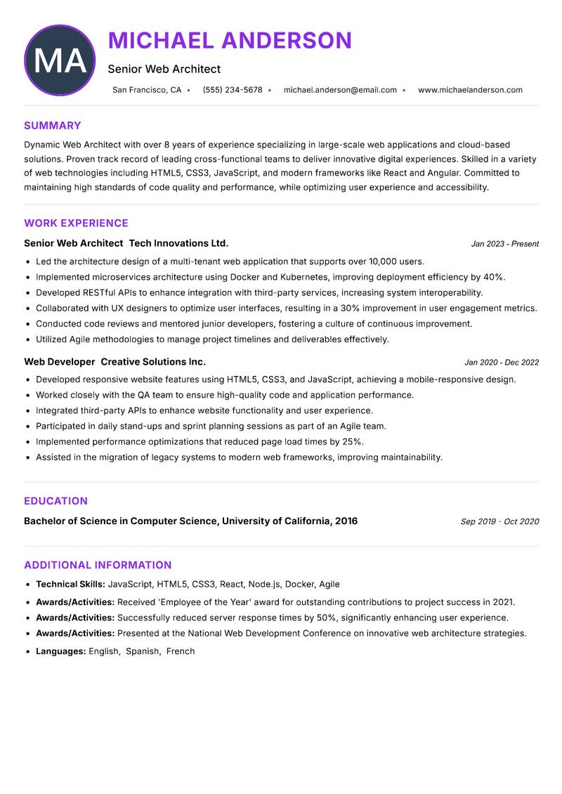 Web Architect resume example