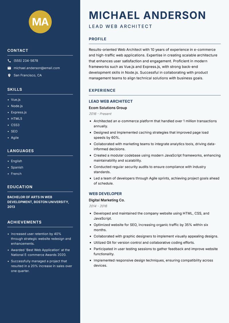 Web Architect resume sample — Lead Web Architect focus