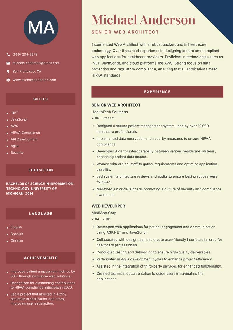 Web Architect resume sample — Senior Web Architect focus