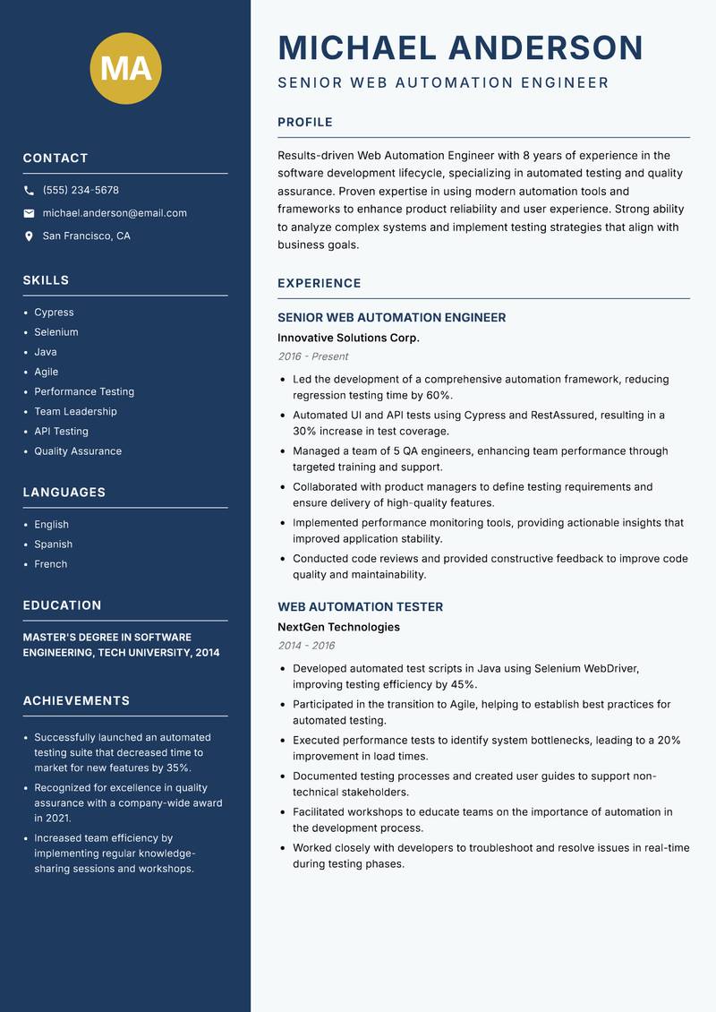 Web Automation Engineer resume sample — Senior Web Automation Engineer focus