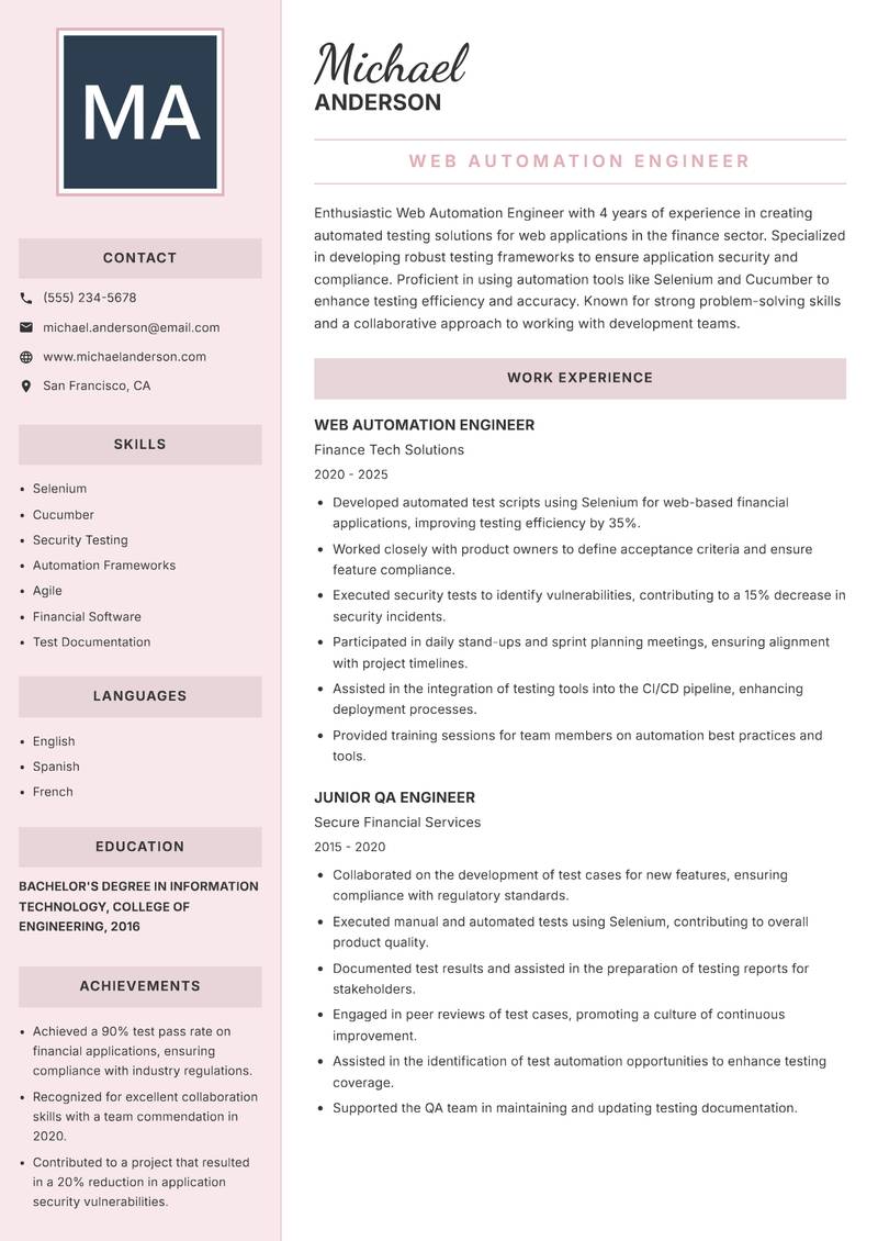 Web Automation Engineer resume sample — Web Automation Engineer focus