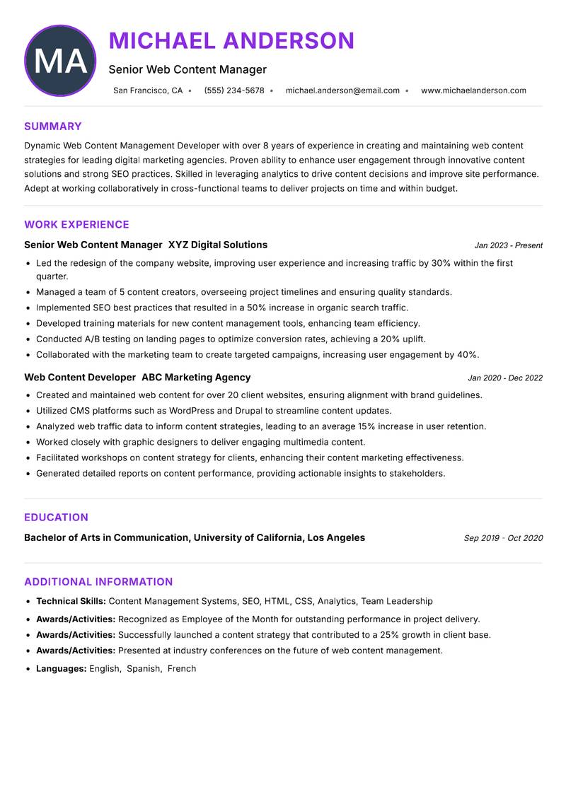 Web Content Management Developer resume example