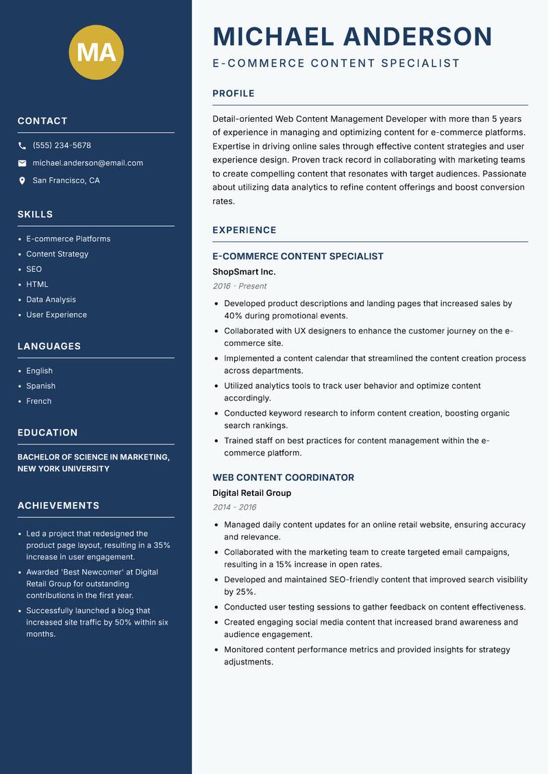 Web Content Management Developer resume sample — E-commerce Content Specialist focus