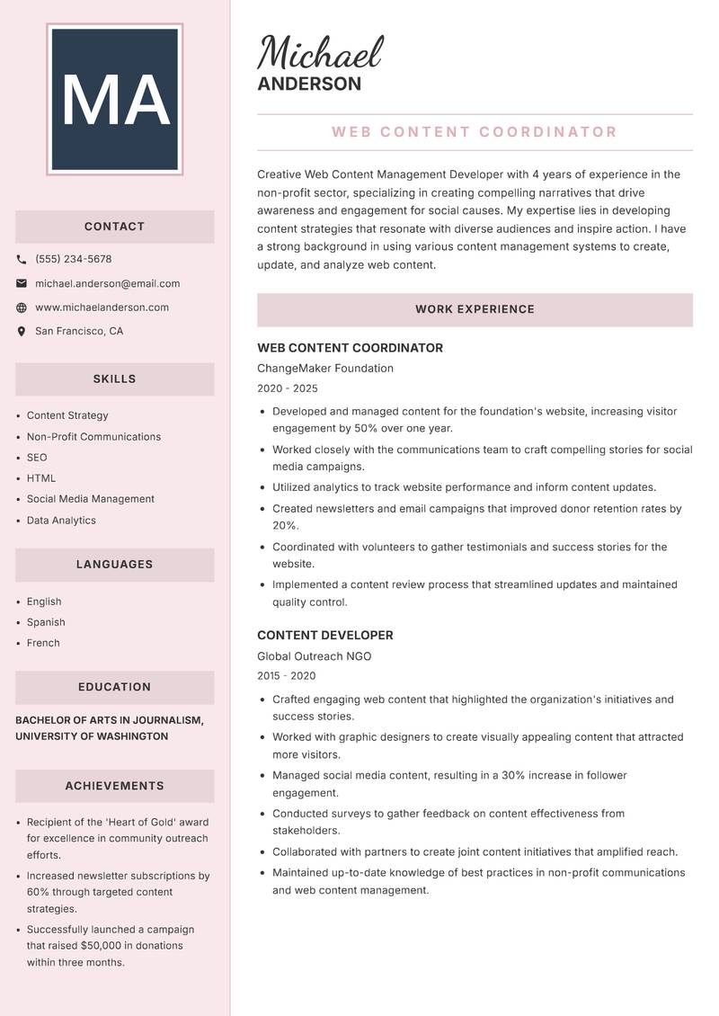 Web Content Management Developer resume sample — Web Content Coordinator focus