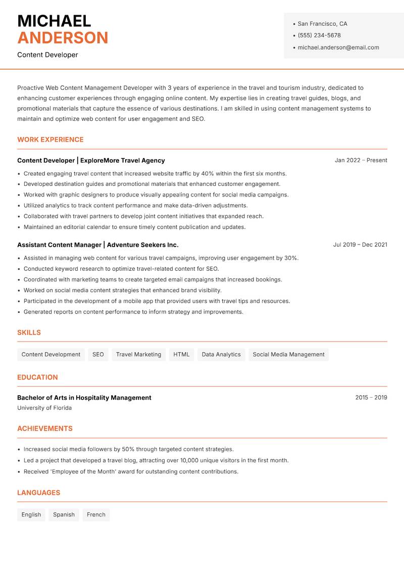 Web Content Management Developer resume sample — Content Developer focus