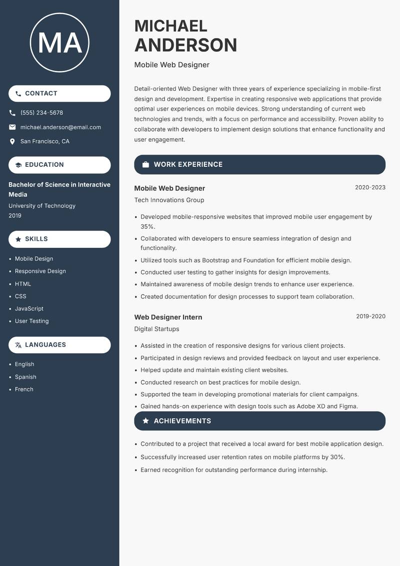 Web Designer resume sample — Mobile Web Designer focus