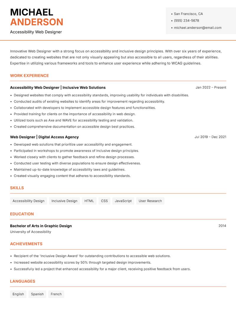 Web Designer resume sample — Accessibility Web Designer focus