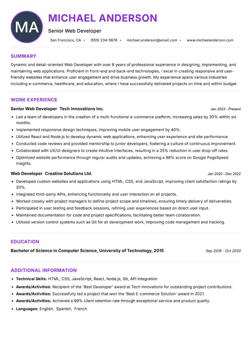 Web Developer resume example