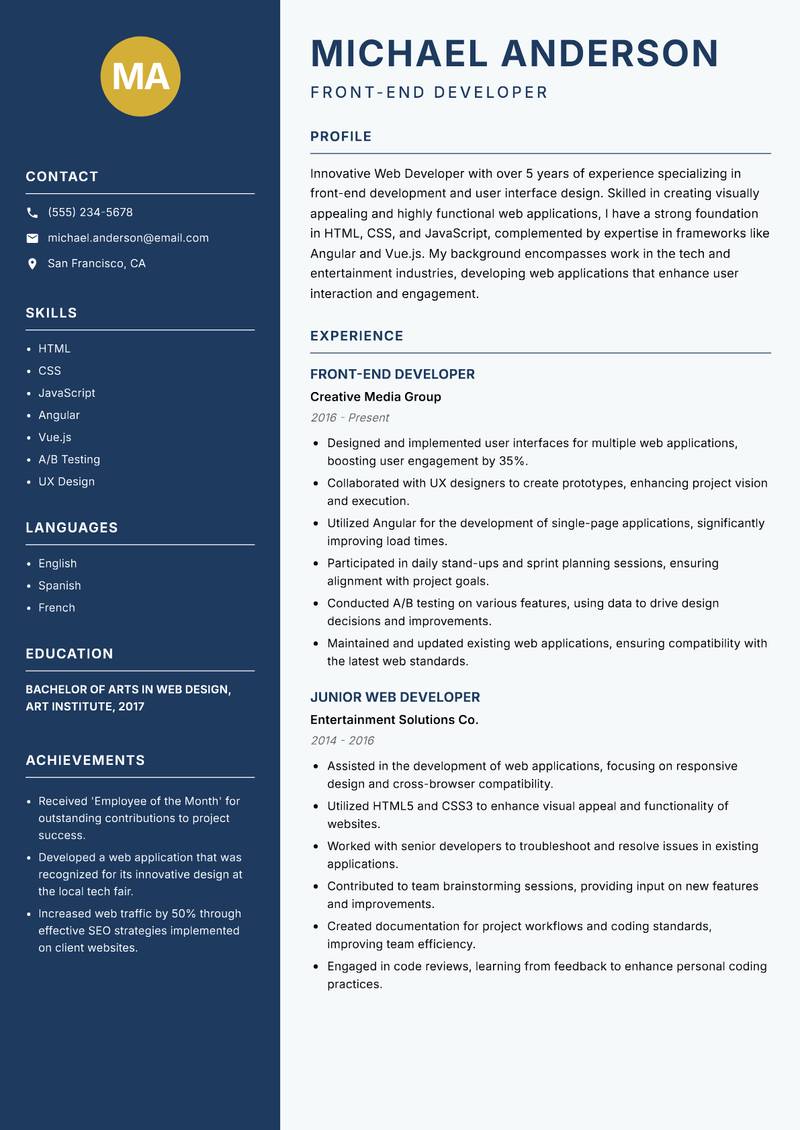 Web Developer resume sample — Front-End Developer focus