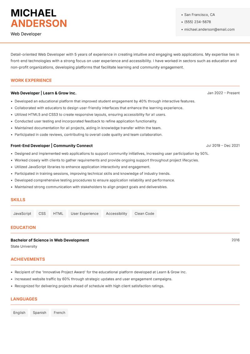 Web Developer resume sample — Web Developer focus