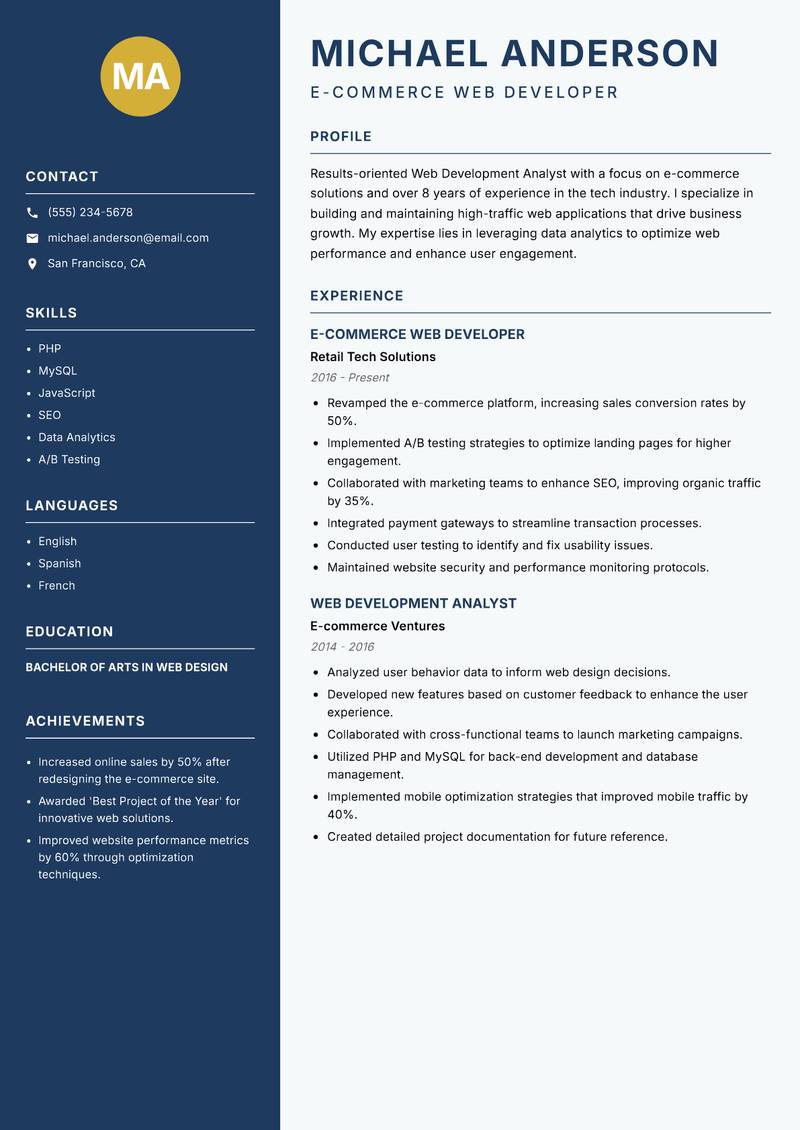 Web Development Analyst resume sample — E-commerce Web Developer focus