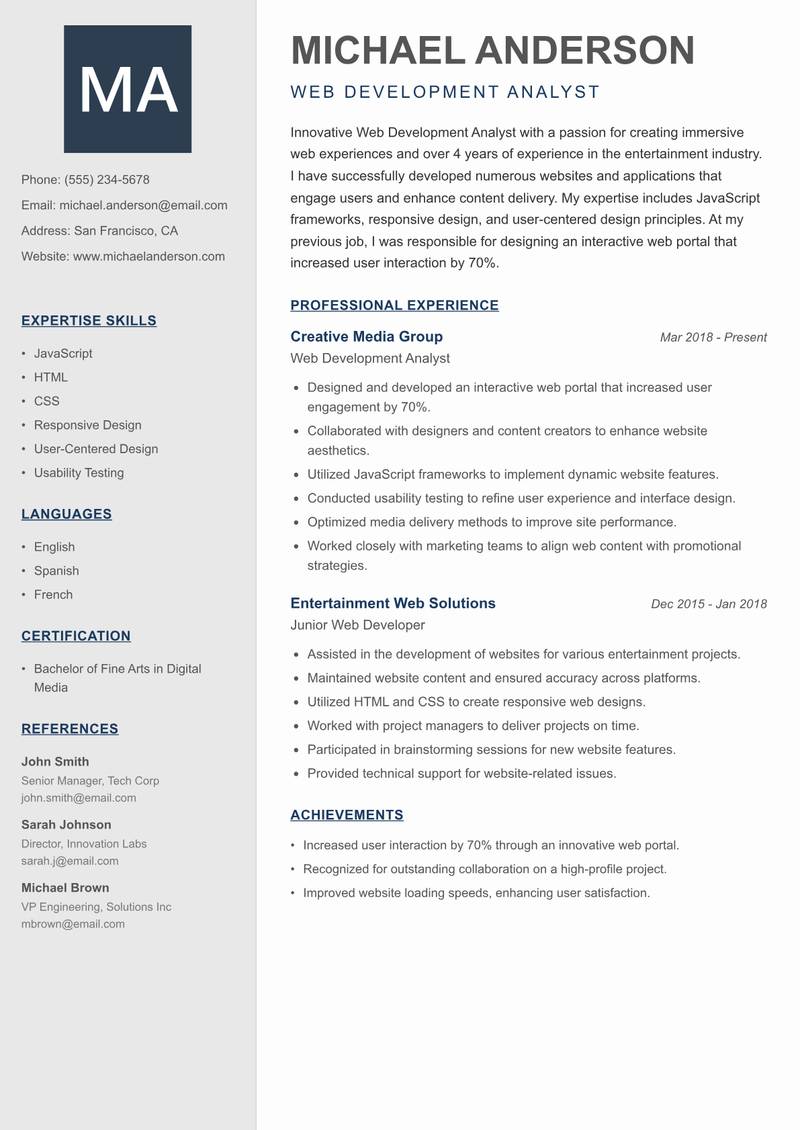 Web Development Analyst resume sample — Web Development Analyst focus