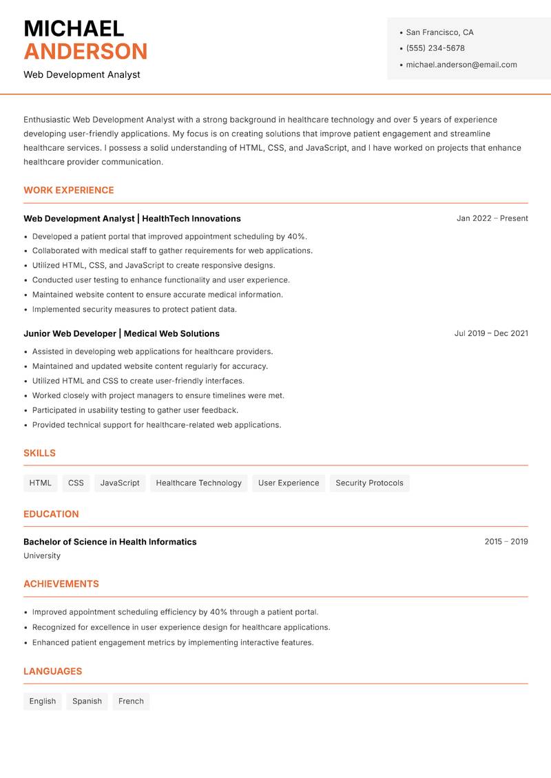 Web Development Analyst resume sample — Web Development Analyst focus