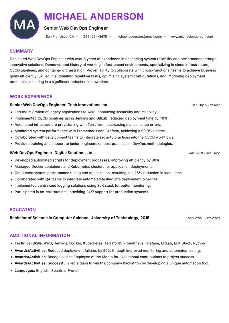 Web DevOps Engineer resume example