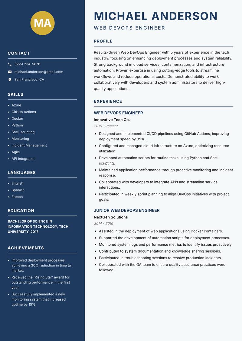 Web DevOps Engineer resume sample — Web DevOps Engineer focus