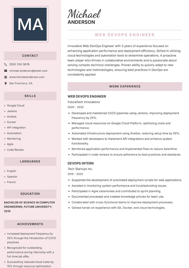 Web DevOps Engineer resume sample — Web DevOps Engineer focus