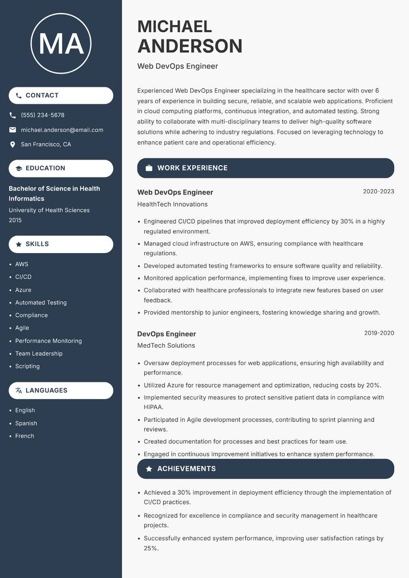 Web DevOps Engineer resume sample — Web DevOps Engineer focus