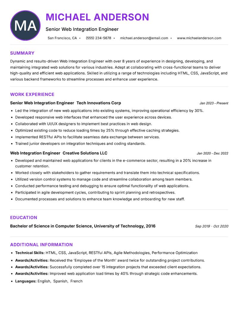 Web Integration Engineer resume example