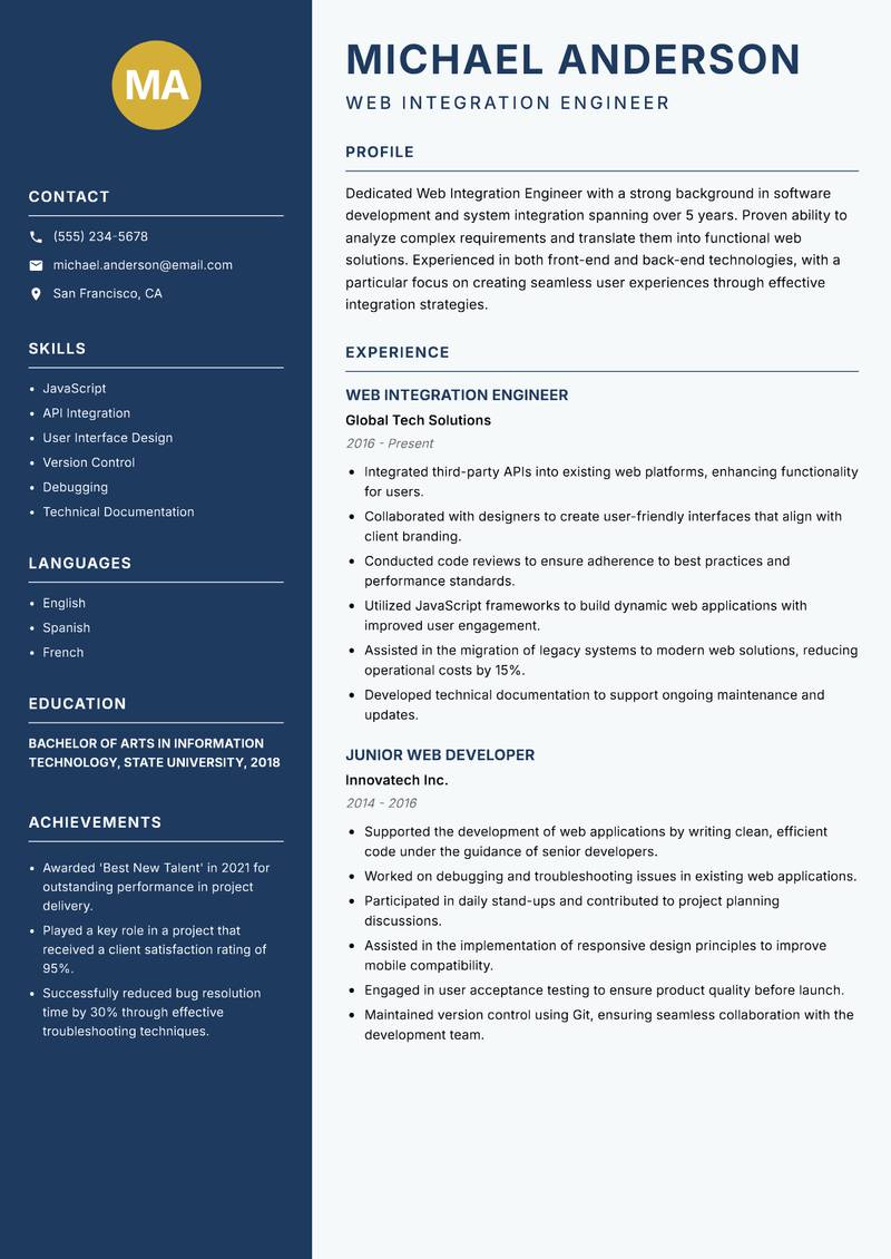 Web Integration Engineer resume sample — Web Integration Engineer focus