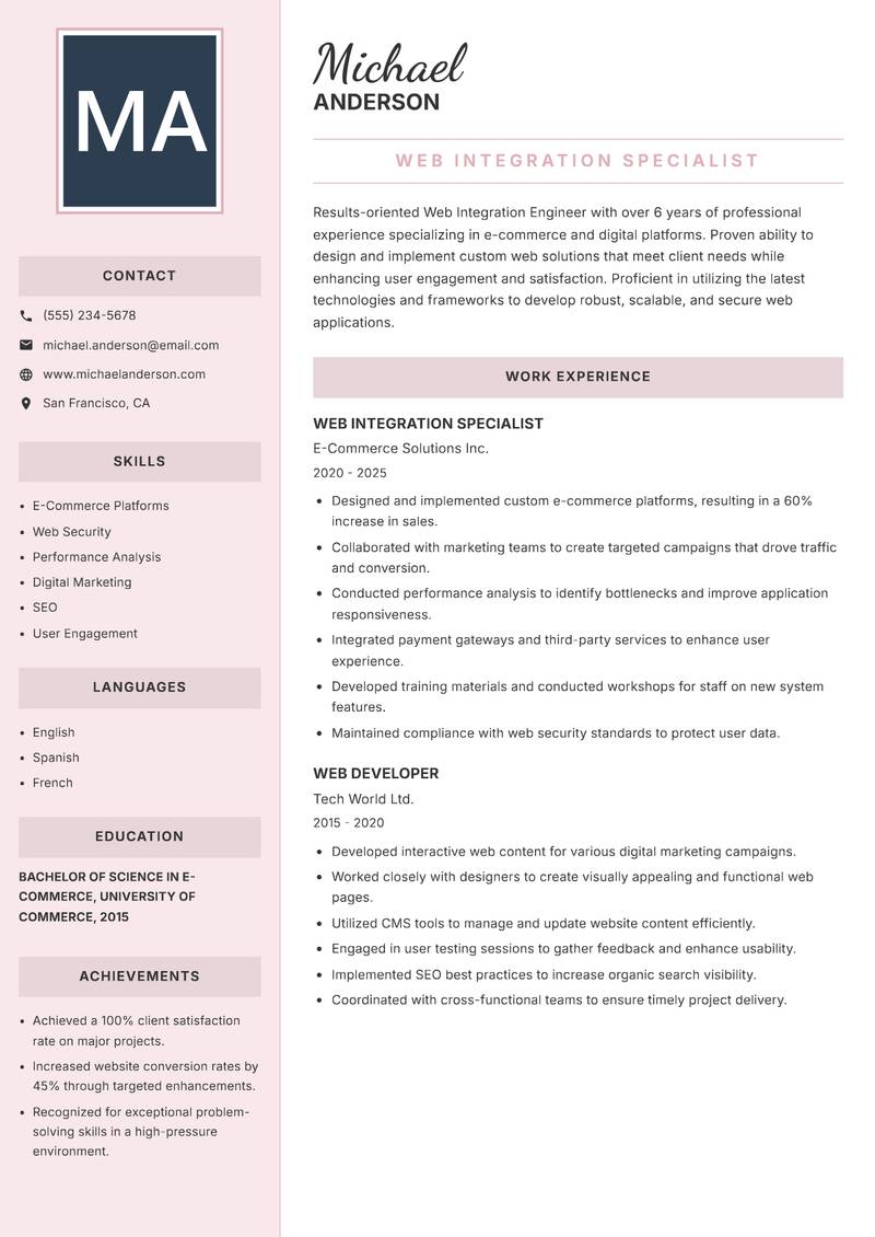 Web Integration Engineer resume sample — Web Integration Specialist focus