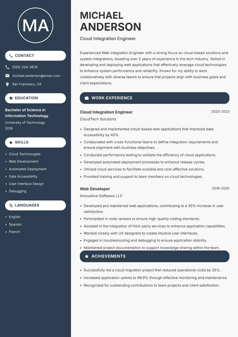 Web Integration Engineer resume sample — Cloud Integration Engineer focus