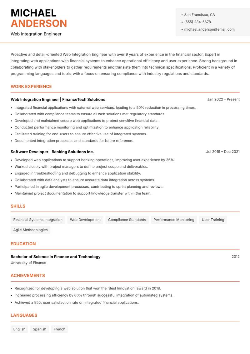 Web Integration Engineer resume sample — Web Integration Engineer focus