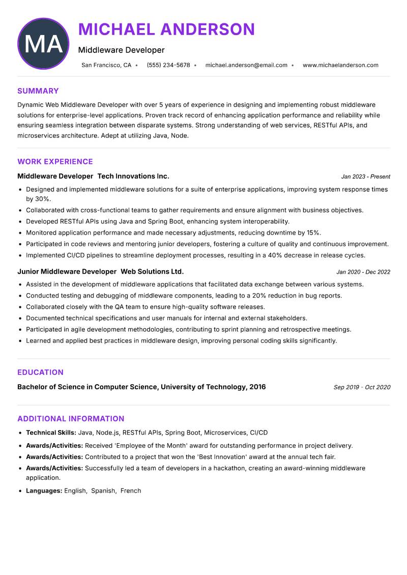 Web Middleware Developer resume example