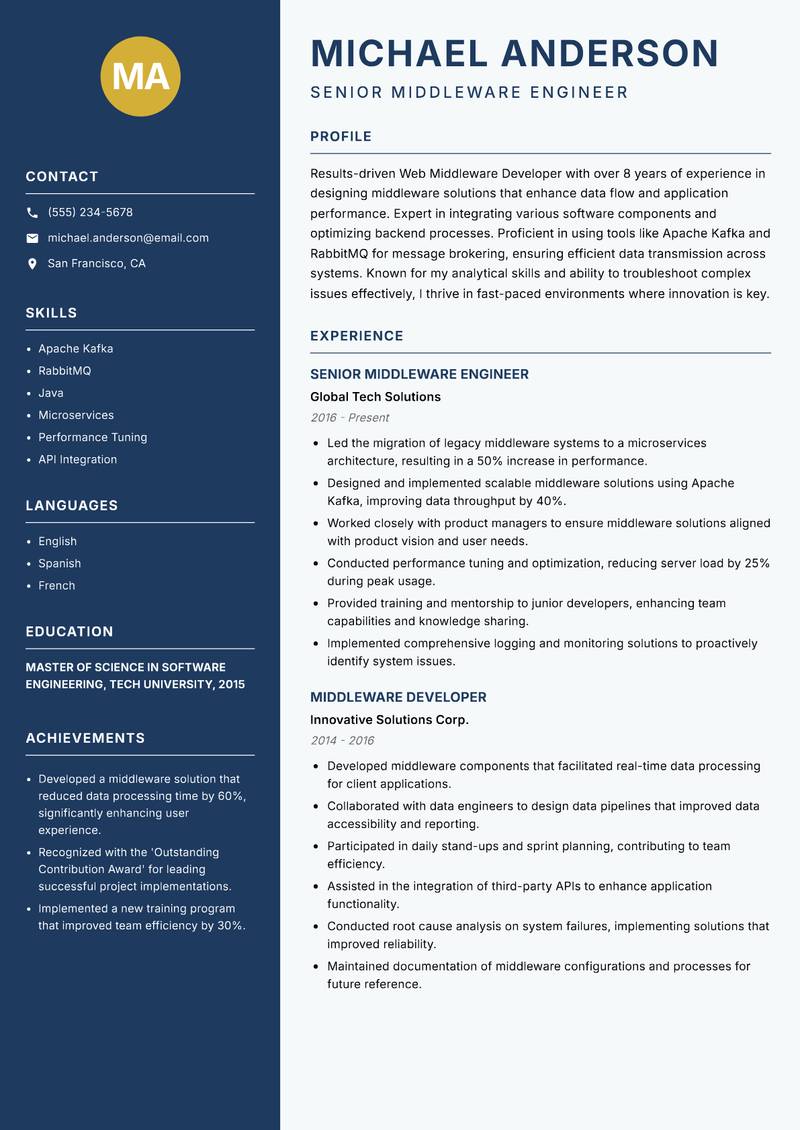 Web Middleware Developer resume sample — Senior Middleware Engineer focus