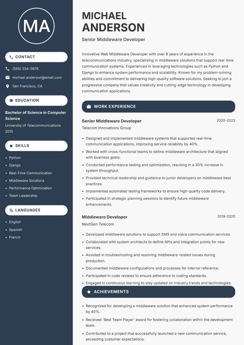 Web Middleware Developer resume sample — Senior Middleware Developer focus