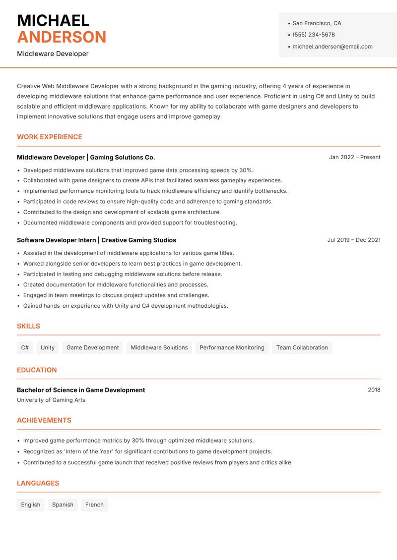 Web Middleware Developer resume sample — Middleware Developer focus