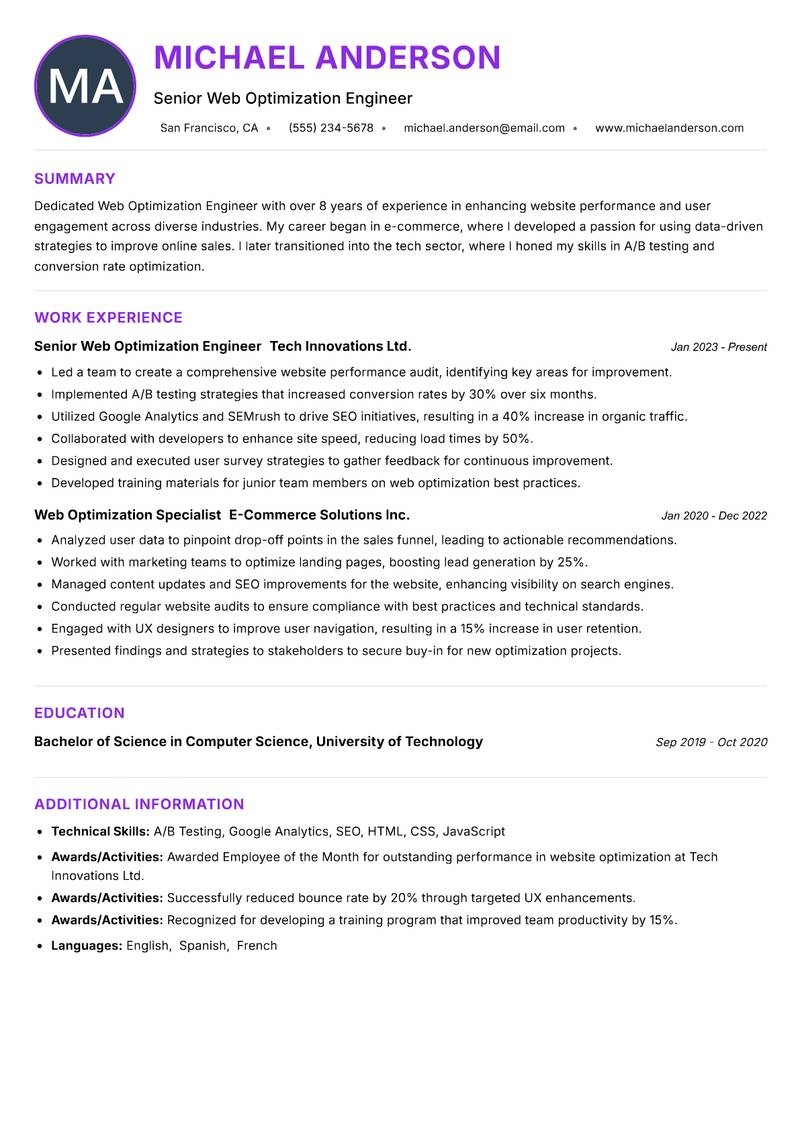 Web Optimization Engineer resume example