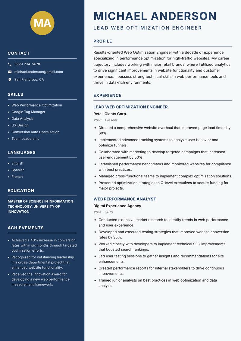 Web Optimization Engineer resume sample — Lead Web Optimization Engineer focus