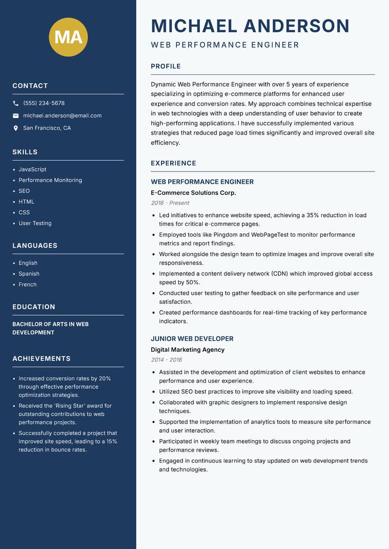 Web Performance Engineer resume sample — Web Performance Engineer focus