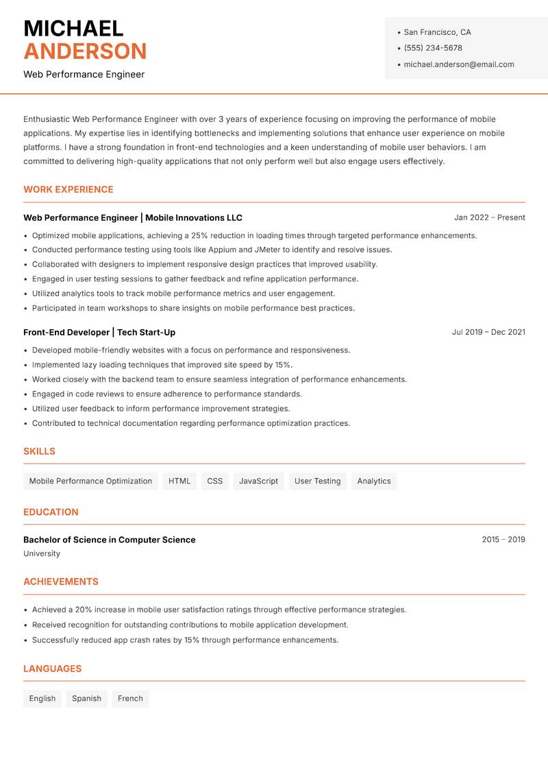 Web Performance Engineer resume sample — Web Performance Engineer focus