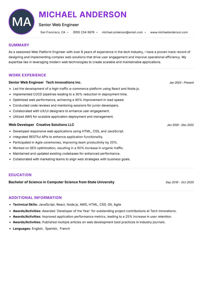 Web Platform Engineer resume example